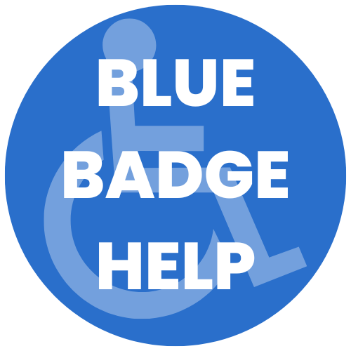 Blue circle with wheelchair image in centre. White text reads "Blue Badge Help"