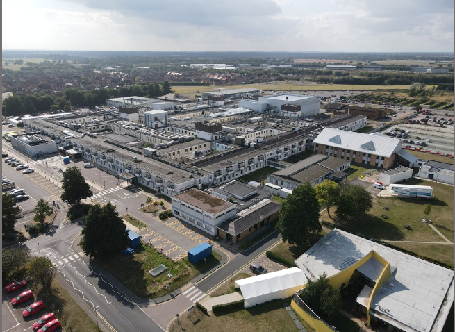image shows the James Paget University Hospital from above, taken high looking down on the building